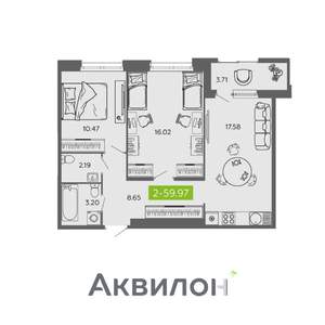 2-к квартира, вторичка, 60м2, 1/16 этаж