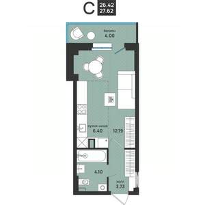 Студия квартира, вторичка, 28м2, 2/9 этаж