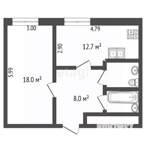 1-к квартира, вторичка, 44м2, 1/5 этаж