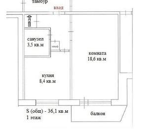 1-к квартира, вторичка, 36м2, 1/5 этаж