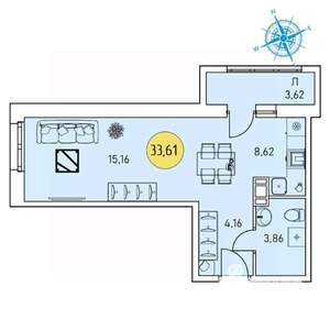 Студия квартира, строящийся дом, 34м2, 6/9 этаж