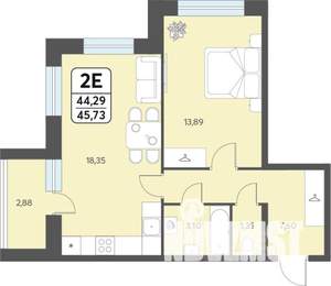 2-к квартира, строящийся дом, 46м2, 1/12 этаж