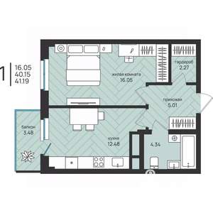 1-к квартира, вторичка, 41м2, 6/16 этаж