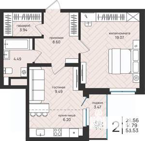 2-к квартира, вторичка, 54м2, 13/16 этаж