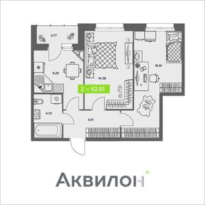 2-к квартира, вторичка, 53м2, 1/8 этаж