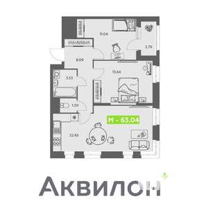 2-к квартира, вторичка, 63м2, 12/16 этаж