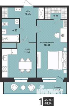 1-к квартира, вторичка, 48м2, 11/13 этаж