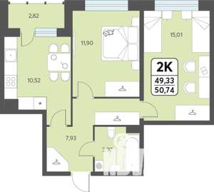 2-к квартира, строящийся дом, 51м2, 7/12 этаж