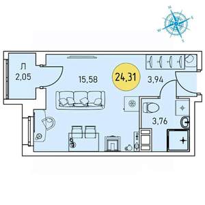 Студия квартира, строящийся дом, 24м2, 8/9 этаж
