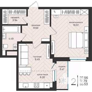 2-к квартира, вторичка, 54м2, 3/16 этаж