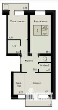 3-к квартира, вторичка, 71м2, 3/4 этаж