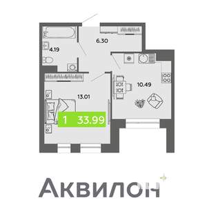 1-к квартира, вторичка, 34м2, 8/16 этаж