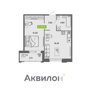 1-к квартира, вторичка, 43м2, 1/16 этаж