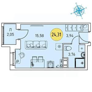 Студия квартира, строящийся дом, 24м2, 6/9 этаж