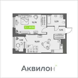 1-к квартира, вторичка, 45м2, 5/16 этаж