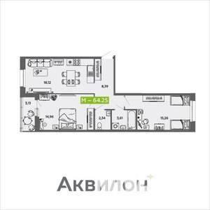 2-к квартира, вторичка, 64м2, 2/16 этаж