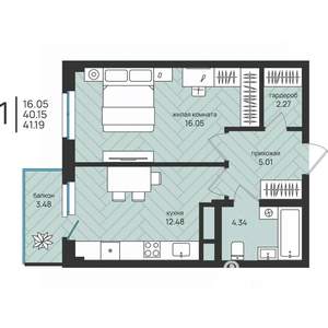 1-к квартира, вторичка, 41м2, 2/16 этаж