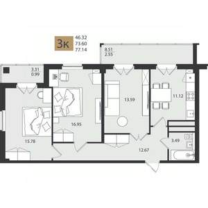 3-к квартира, вторичка, 77м2, 3/16 этаж