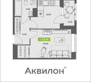 1-к квартира, вторичка, 33м2, 10/16 этаж