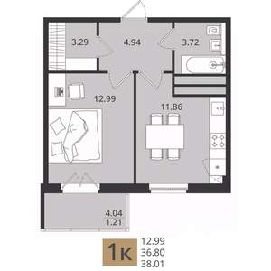 1-к квартира, вторичка, 38м2, 3/16 этаж