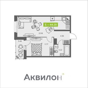 1-к квартира, вторичка, 44м2, 7/8 этаж