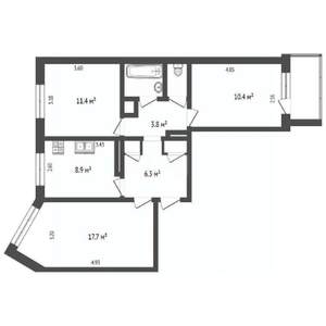 3-к квартира, вторичка, 64м2, 8/9 этаж