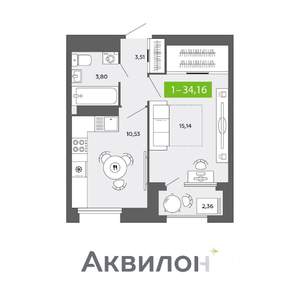 1-к квартира, сданный дом, 34м2, 14/16 этаж