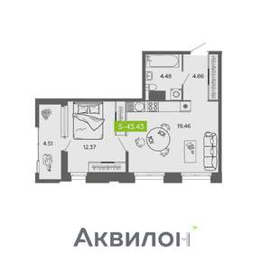 1-к квартира, вторичка, 43м2, 3/16 этаж
