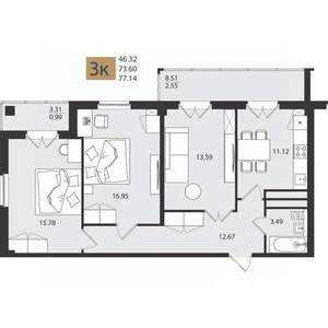 3-к квартира, вторичка, 77м2, 10/16 этаж