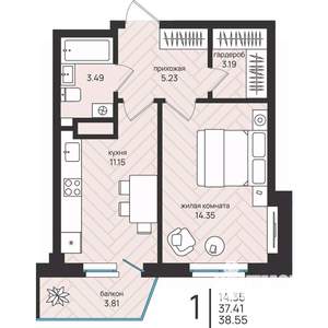 1-к квартира, вторичка, 39м2, 6/16 этаж