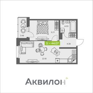 1-к квартира, вторичка, 44м2, 8/8 этаж