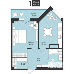 1-к квартира, вторичка, 48м2, 5/13 этаж