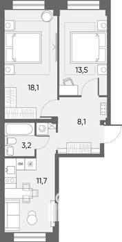 2-к квартира, сданный дом, 57м2, 3/4 этаж
