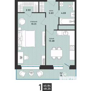 1-к квартира, вторичка, 48м2, 16/16 этаж