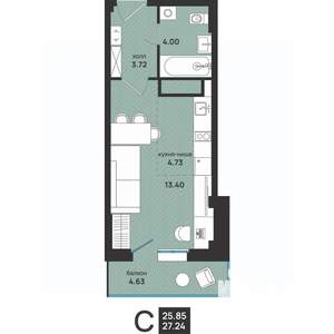 Студия квартира, вторичка, 27м2, 12/13 этаж