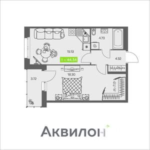 1-к квартира, вторичка, 44м2, 1/8 этаж