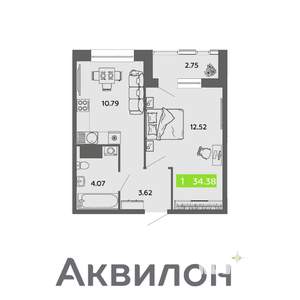 1-к квартира, вторичка, 34м2, 12/16 этаж