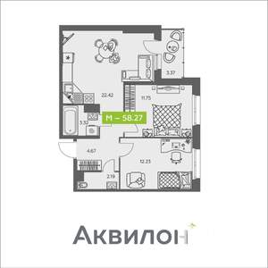 2-к квартира, вторичка, 58м2, 7/8 этаж