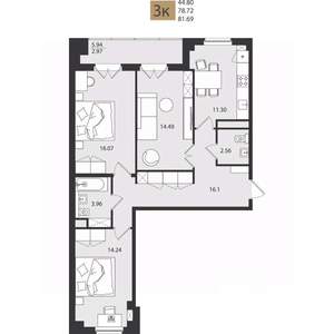 3-к квартира, вторичка, 82м2, 6/16 этаж