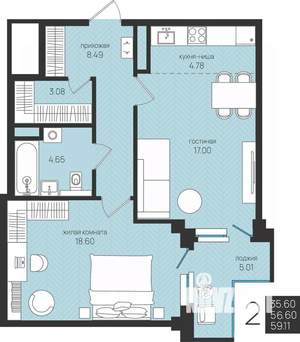 2-к квартира, строящийся дом, 59м2, 13/16 этаж