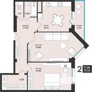 2-к квартира, вторичка, 74м2, 2/13 этаж