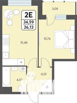 2-к квартира, строящийся дом, 36м2, 3/12 этаж