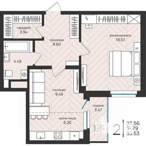 2-к квартира, вторичка, 54м2, 1/16 этаж