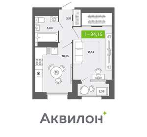1-к квартира, вторичка, 34м2, 13/16 этаж