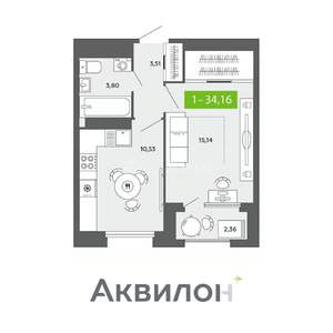 1-к квартира, сданный дом, 34м2, 13/16 этаж