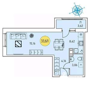 Студия квартира, строящийся дом, 34м2, 3/9 этаж