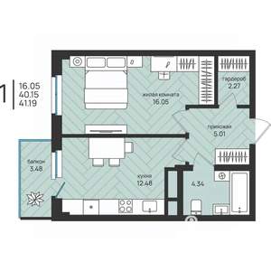 1-к квартира, вторичка, 41м2, 5/16 этаж