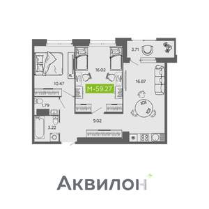 2-к квартира, вторичка, 59м2, 3/16 этаж