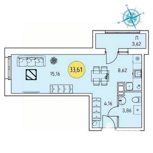 Студия квартира, строящийся дом, 34м2, 5/9 этаж