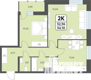 2-к квартира, строящийся дом, 54м2, 12/12 этаж